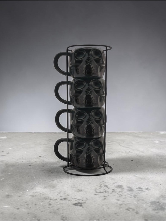 Way To Celebrate Other - Matte Black Skull Stackable Mug Set with Stand